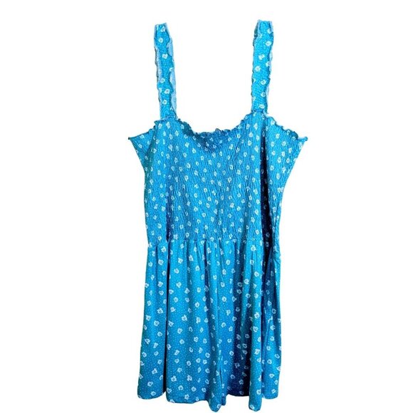 Womens Romper Jumpsuit Plus Size 1X Aqua Blue Smocked Ruffle Ditsy Floral Pretty - Picture 2 of 3